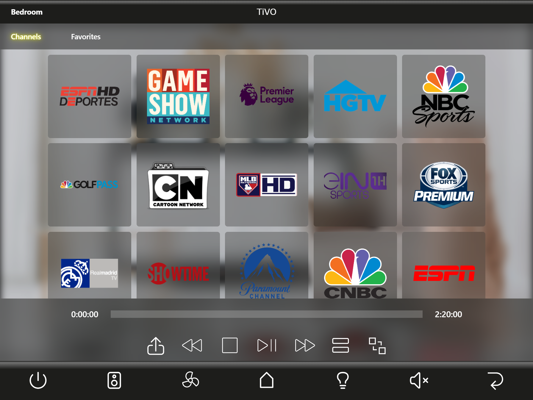 Landscape TV channel control interface running in App Container on a tablet