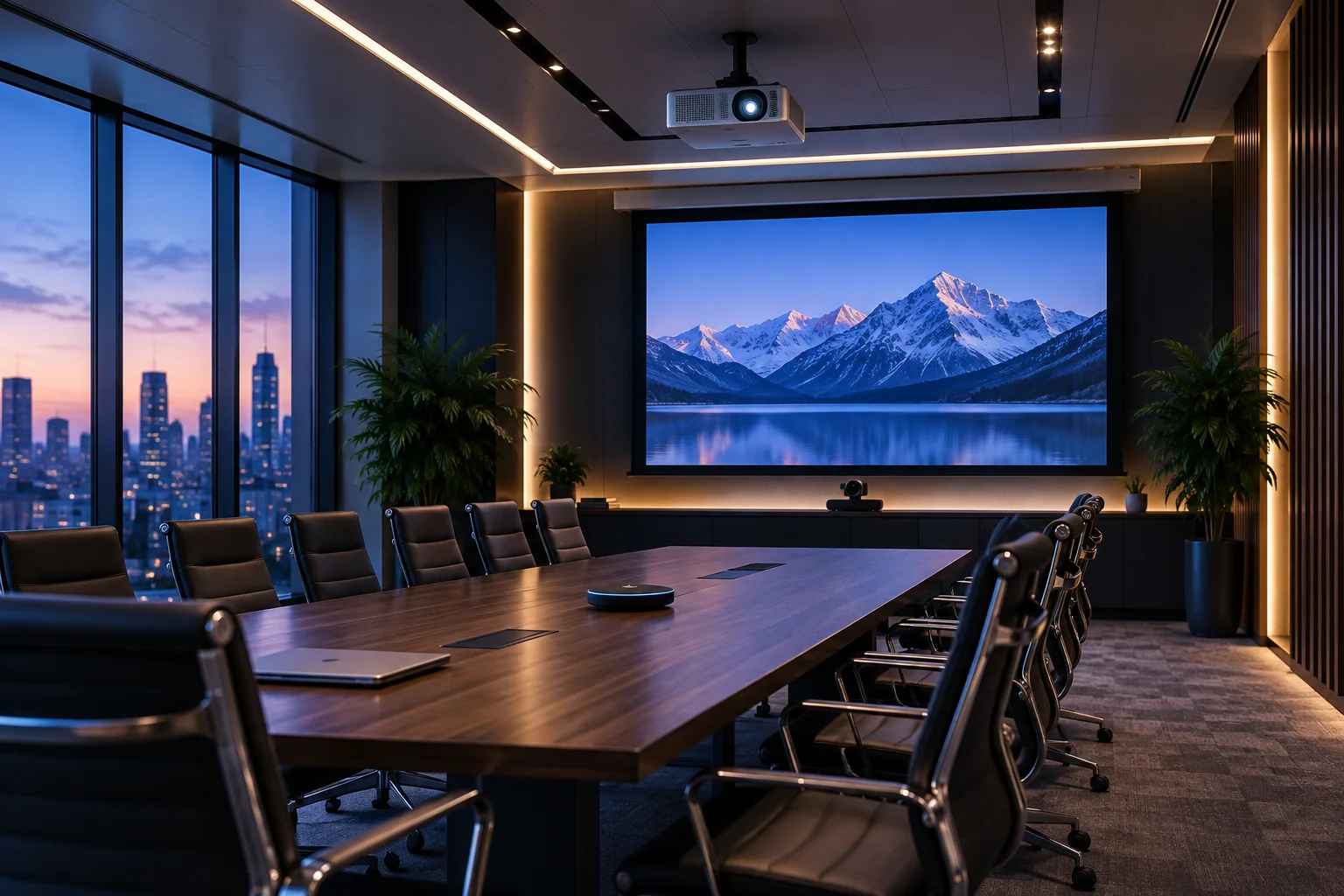 Modern conference room with a projector, motorized screen, camera, and presentation table