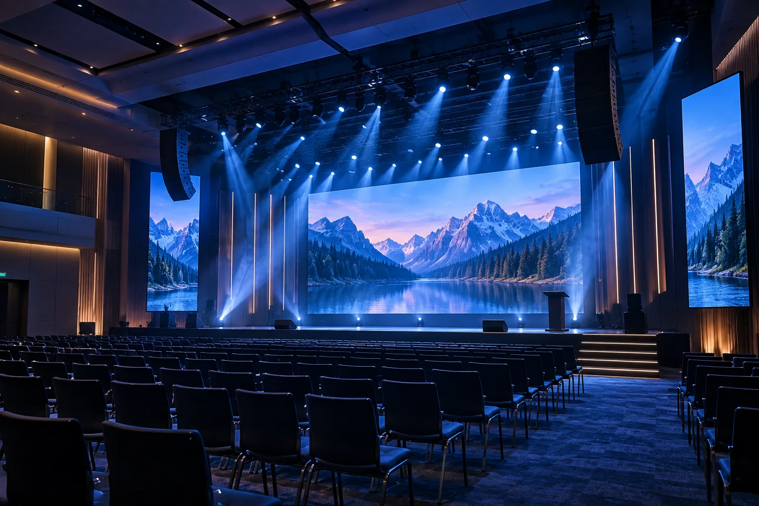 Large live event venue with stage lighting, LED screens, audio system, and seating