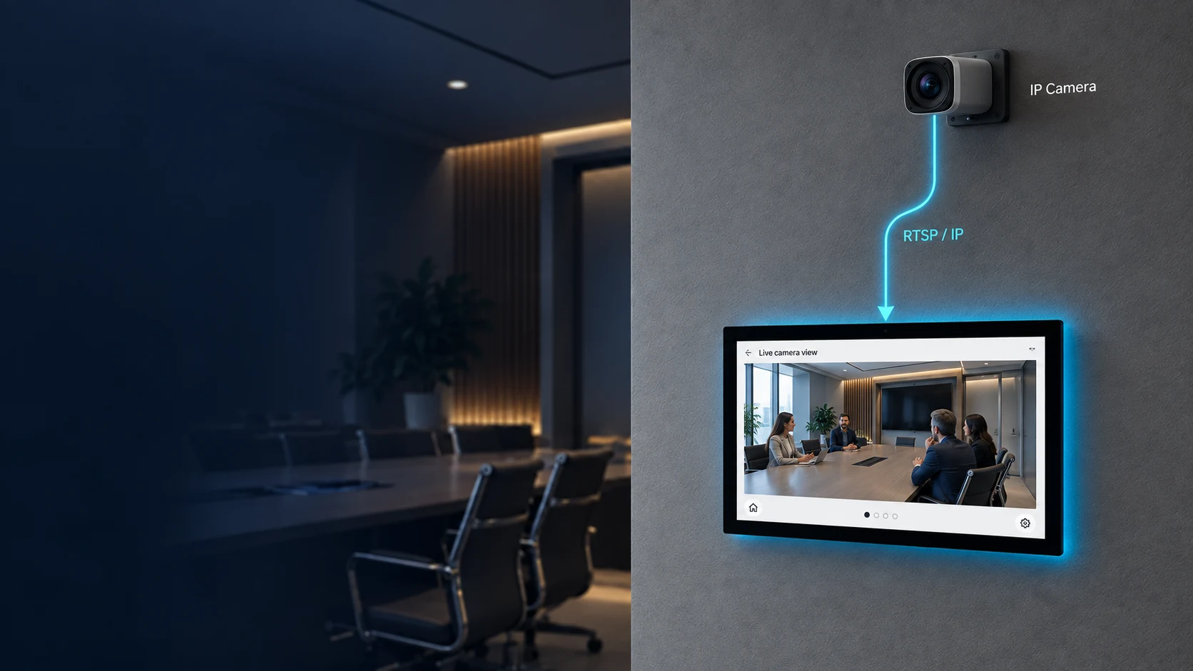 IP camera streaming a conference room view to an AVS touch panel over RTSP / IP