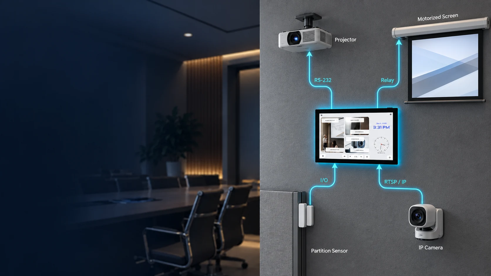 AVS panel connected to a projector, motorized screen, partition sensor and IP camera