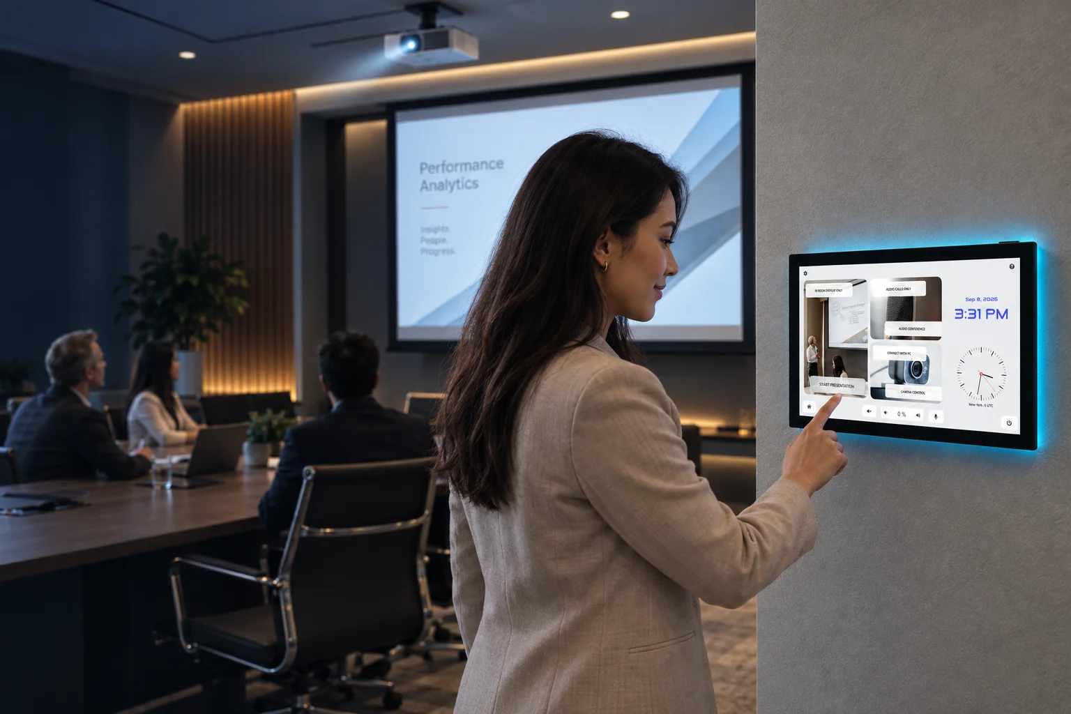 A user starts a presentation from a wall-mounted AVS touch panel while the projector and motorized screen operate in the conference room