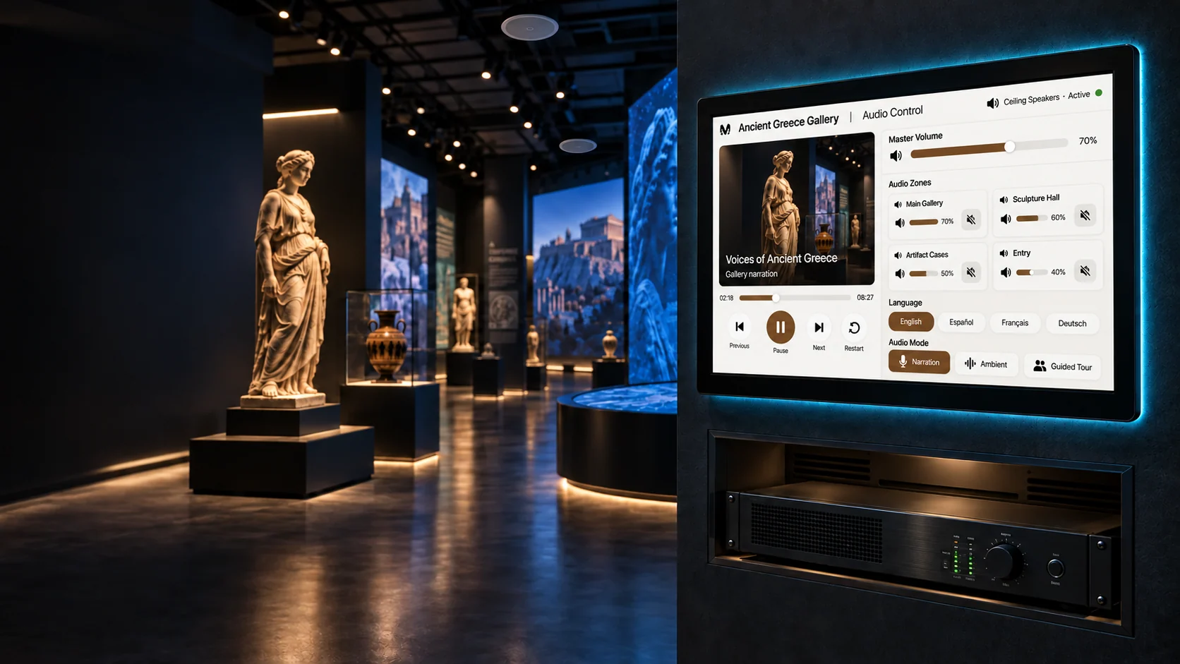 AVS touch panel showing narration playback, gallery audio zones, languages, volume, and active ceiling speakers above an RS-232 amplifier