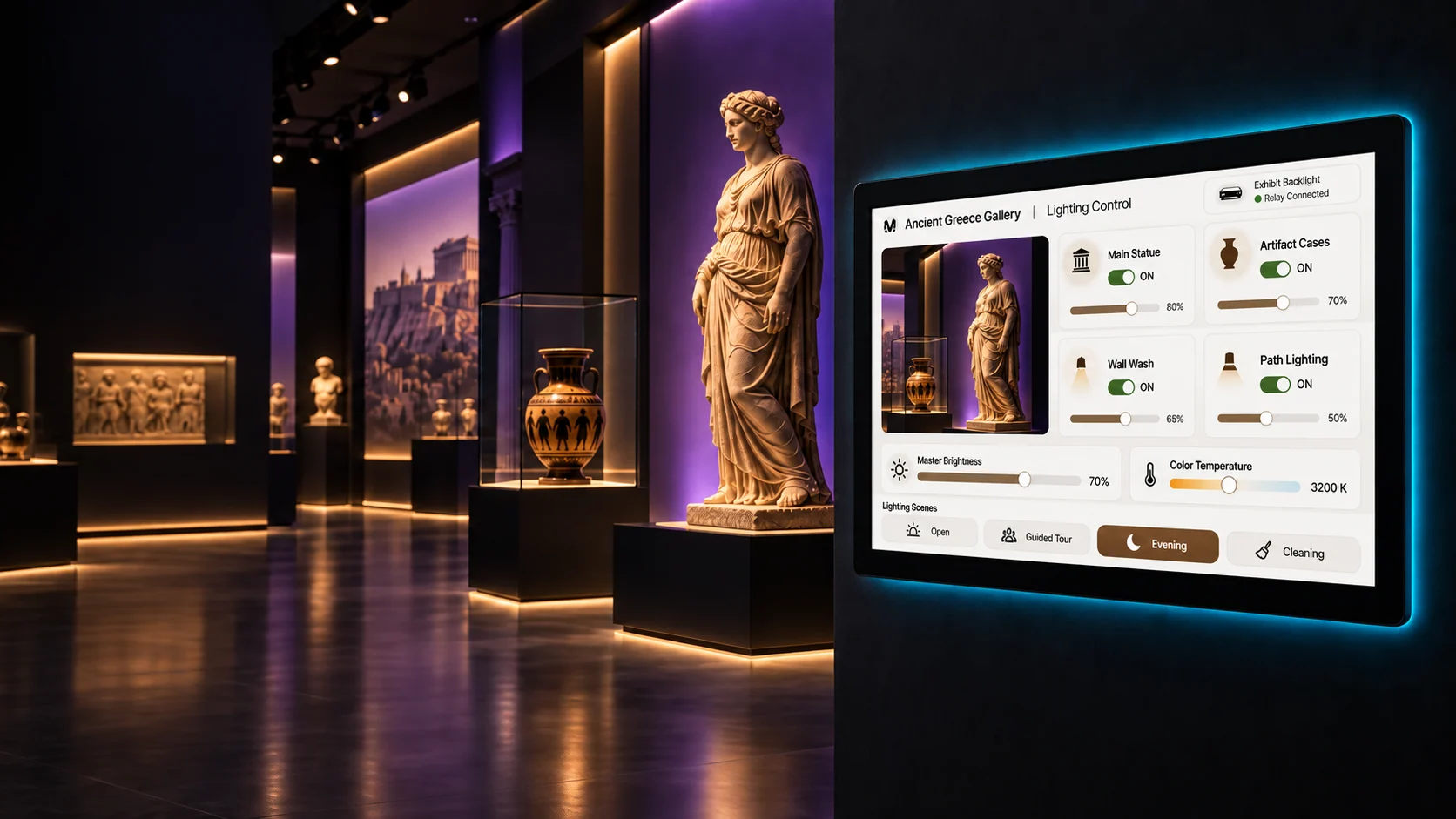 AVS touch panel showing lighting zones, brightness, color temperature, and scene controls for an Ancient Greece museum gallery
