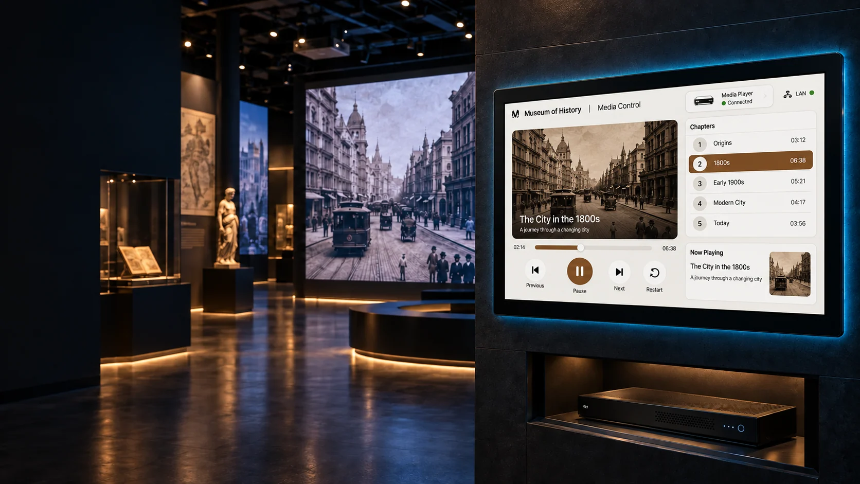 AVS touch panel showing chapter selection, playback controls, and LAN media-player status beside a synchronized historical museum display