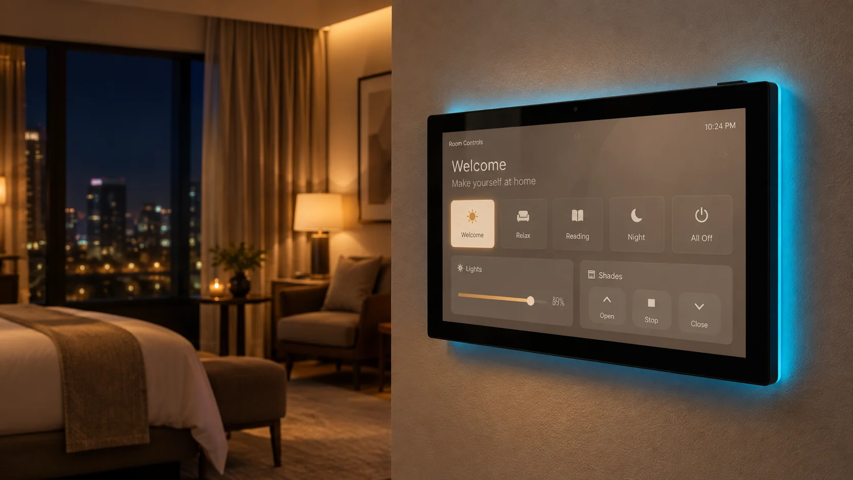 Hotel room touch panel controlling lighting scenes