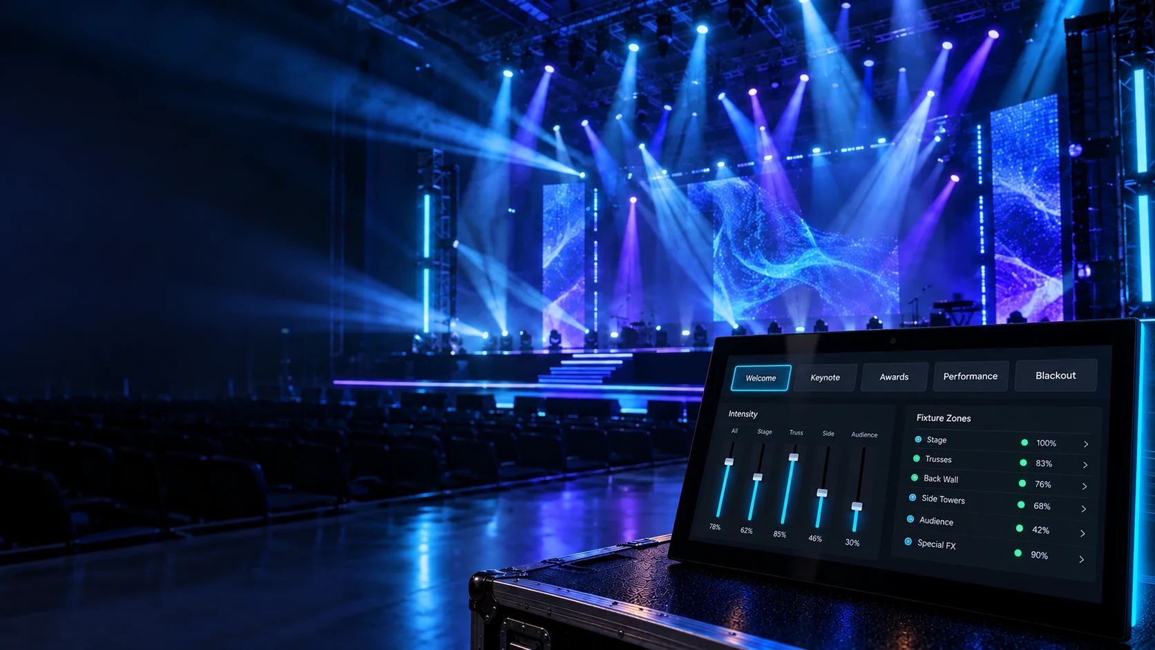 Touch panel controlling event lighting scenes and zones