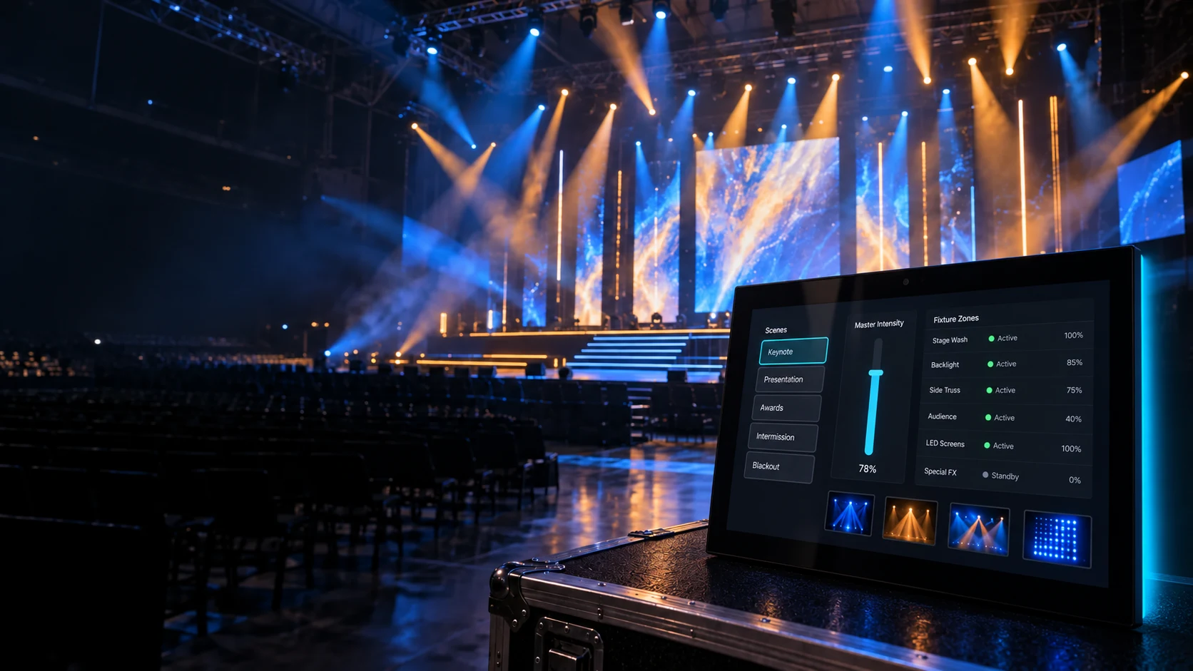 Professional event venue controlled from an AVS Touch Panel show-control interface