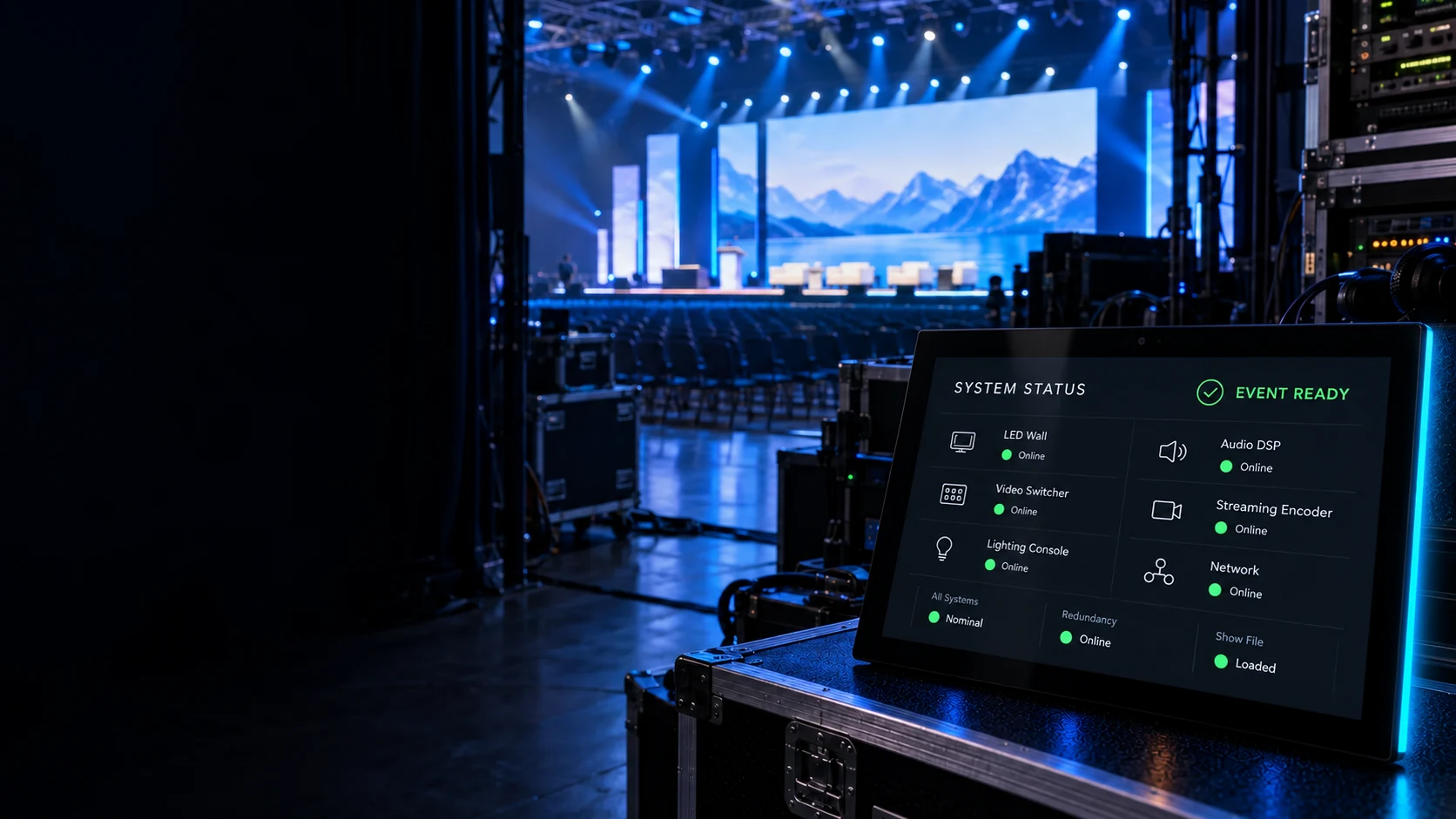 Touch panel showing live event system status and show readiness