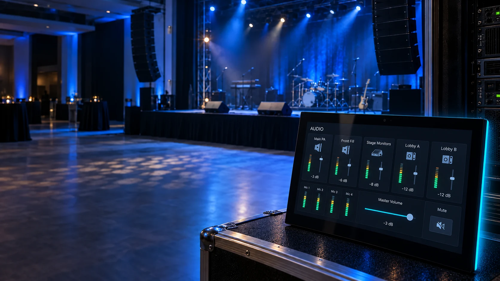 Touch panel with preview, program and video source controls overlooking an LED stage