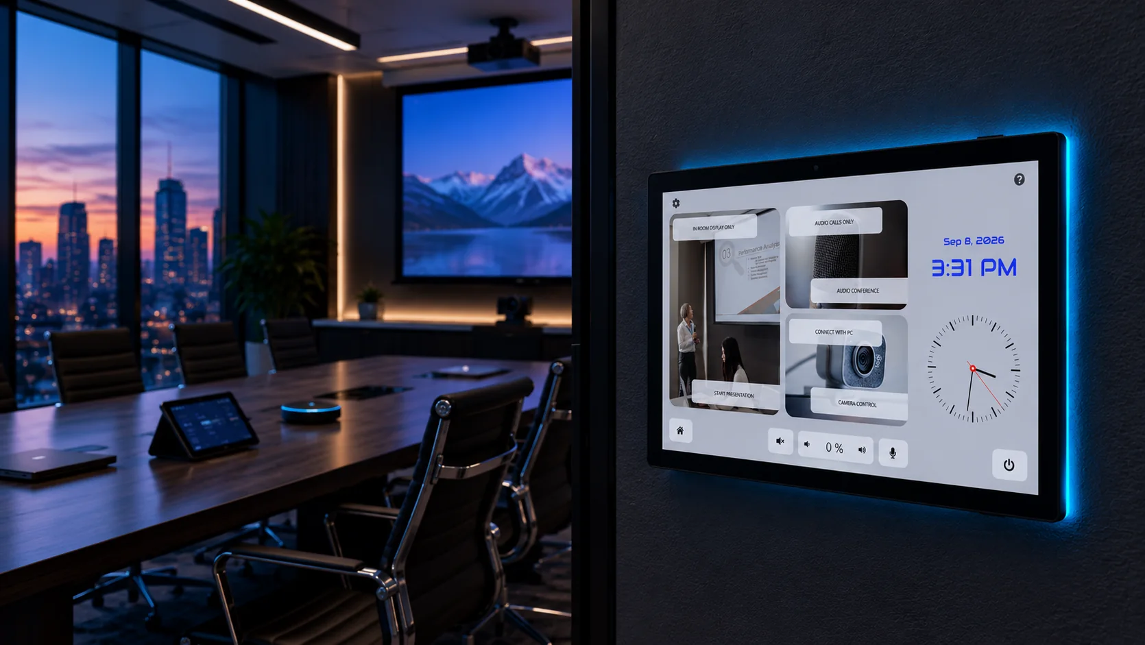 AVstudio touch panel controlling a modern conference room